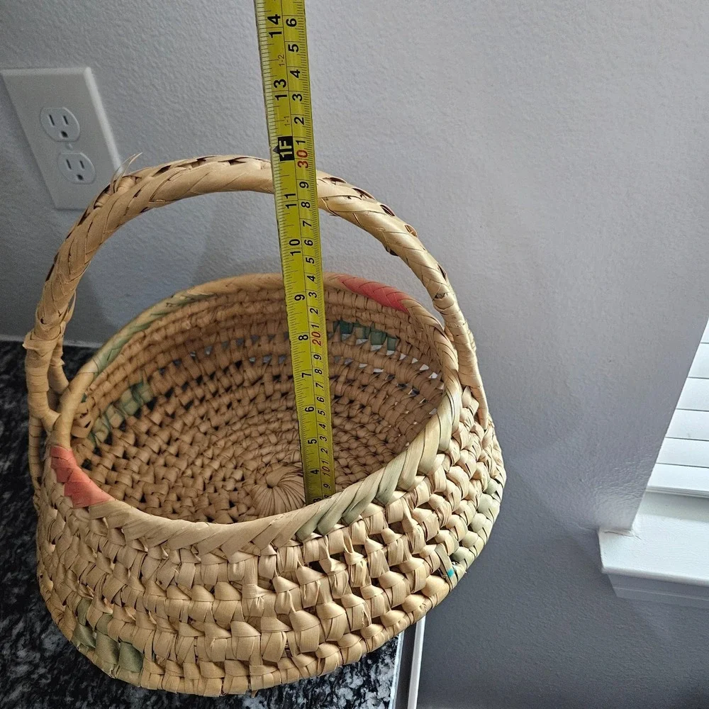 Vintage Native American Coiled‎ Basket Bowl colorful pattern with Handles